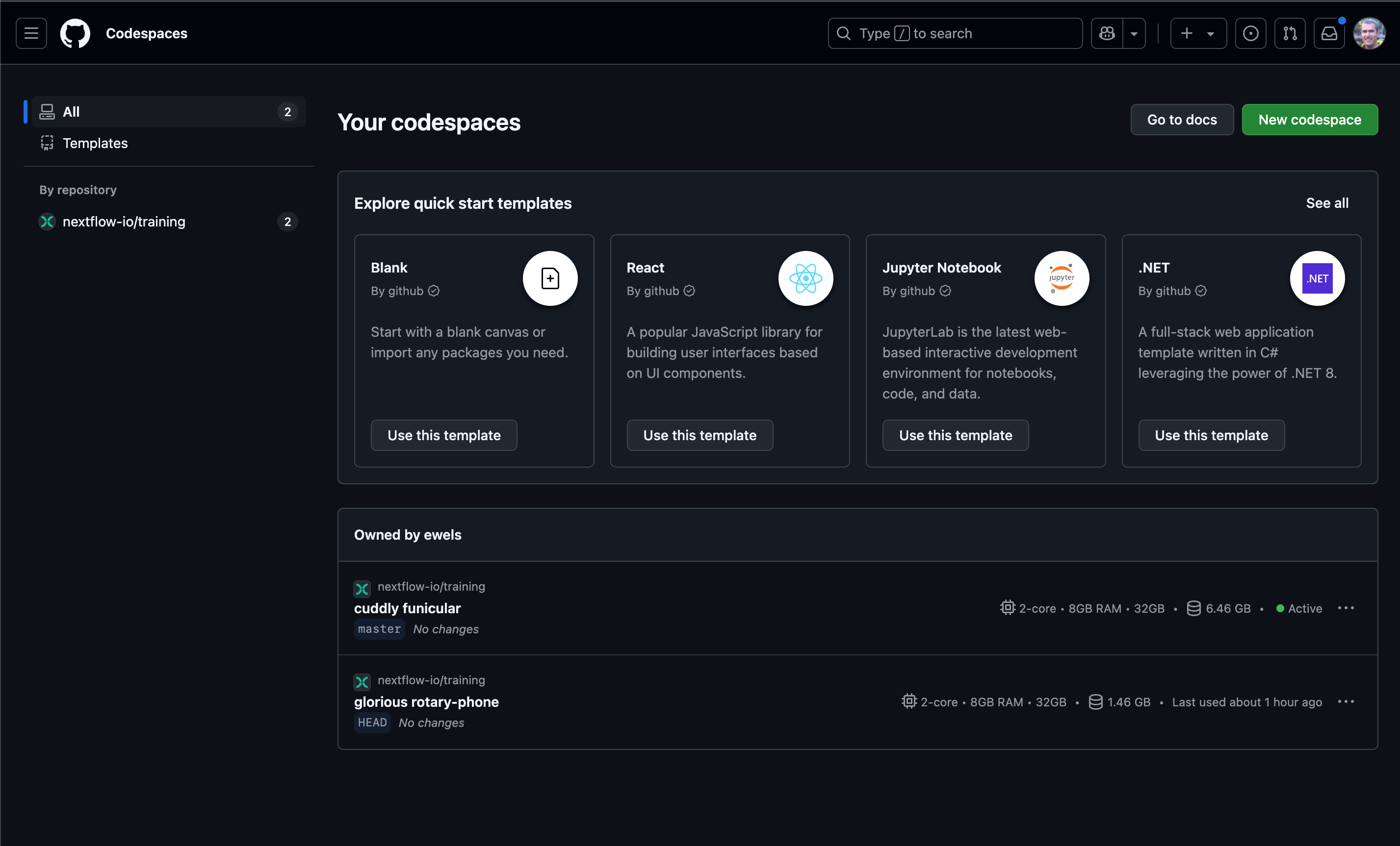 GitHub Codespace 세션 리스트